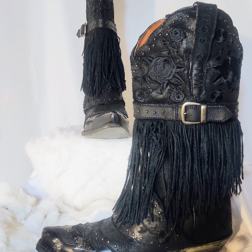 Black Fringe Floral Embroidered Boots